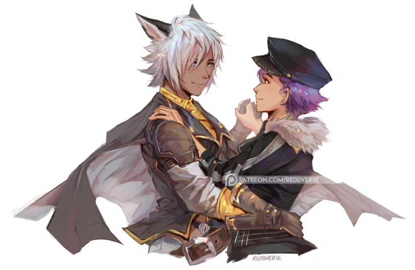 belt black_ears blue_eyes cape clothing dark_body dark_skin duo eye_contact gloves hand_holding hand_on_hip hand_on_shoulder handwear hat headgear headwear looking_at_another male patreon_logo simple_background smile text white_background yellow_eyes spicetail cygames ensemble_stars granblue_fantasy patreon adonis_otogari eustace_(granblue_fantasy) animal_humanoid cat_humanoid erune felid felid_humanoid feline feline_humanoid human humanoid mammal mammal_humanoid digital_media_(artwork) english_text signature url