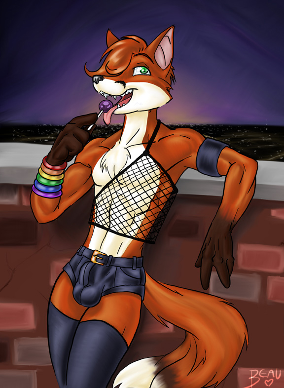 anthro armband belly belt black_nose bottomwear bracelet bulge candy chest_tuft clothed clothing dessert detailed_background femboy fishnet_clothing fishnet_topwear fluffy fluffy_tail food fur green_eyes hair jewelry legwear lgbt_pride licking lollipop looking_at_viewer male multicolored_bracelet multicolored_jewelry navel night open_mouth orange_body orange_fur orange_hair outside pink_tongue pride_color_accessory pride_color_bracelet pride_color_jewelry pride_colors rainbow_bracelet rainbow_pride_colors rainbow_symbol shirt shorts six-stripe_rainbow_pride_colors skimpy sky smile solo stockings super_gay tail tongue tongue_out topwear tuft white_belly white_body white_fur naughtyjester trevor_(fuzzwolf) canid canine fox mammal red_fox true_fox signature