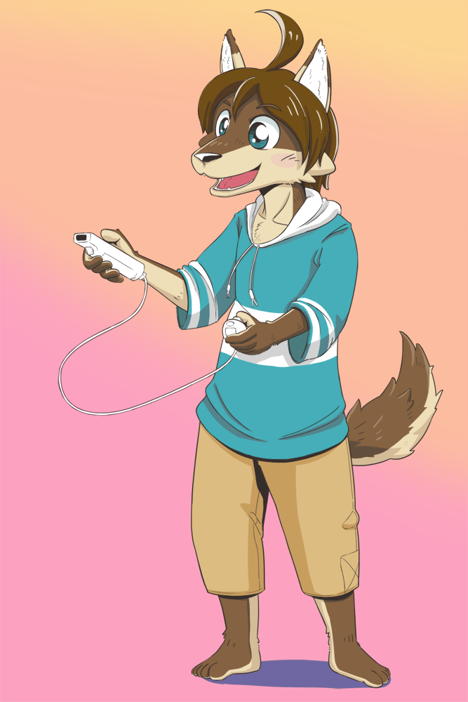 5_fingers anthro barefoot blush brown_body brown_fur brown_hair clothed clothing controller fangs feet fingers fur game_controller gaming gradient_background hair happy holding_controller holding_game_controller holding_object male nintendo_controller open_mouth playing_video_game simple_background solo tail teeth wii_nunchuk akimo_(artist) morenatsu nintendo wii shun_(morenatsu) canid canine canis mammal wolf 2014