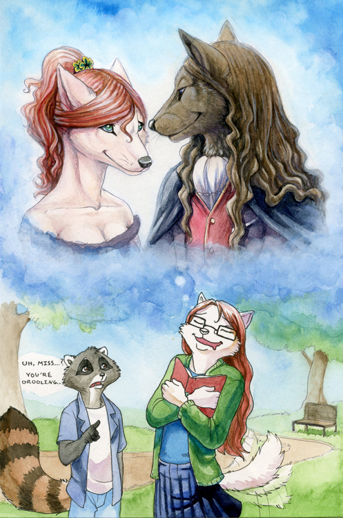 anthro bench book breasts brown_eyes brown_hair cleavage clothed clothing daydream dialogue dream dress eyewear fangirl female glasses grass green_eyes group hair male outside park plant red_hair student tail text tree wood hibbary canid canine mammal procyonid raccoon english_text