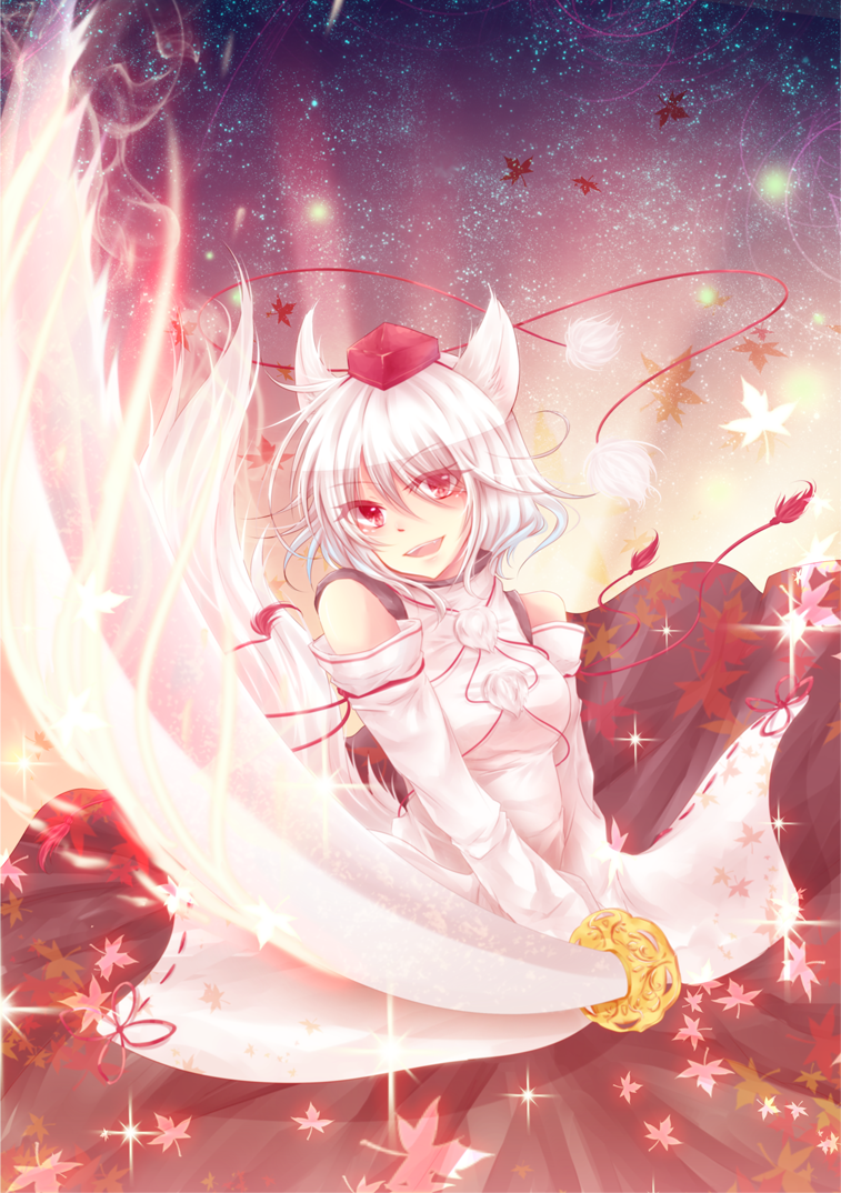 armwear bare_shoulders blush bottomwear clothing detached_sleeves female fire hair hat headgear headwear leaf melee_weapon open_mouth red_eyes short_hair skirt smile solo sword tokin_hat weapon white_hair mokoppe touhou momiji_inubashiri animal_humanoid canid canid_humanoid canine canine_humanoid canis dog_humanoid domestic_dog humanoid mammal mammal_humanoid