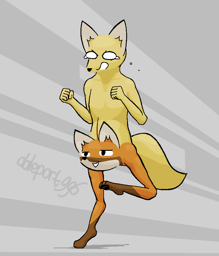 anthro bodily_fluids brown_body brown_fur conjoined countershade_face countershade_fur countershading crotch_head crying curved_tail duo empty_eyes fist foot_hands fur grey_background head_tuft inner_ear_fluff leg_markings looking_at_another male markings nude open_mouth orange_body orange_fur outline pawpads paws running scared shocked simple_background smile socks_(marking) surprise tail tears thick_tail tuft unusual_anatomy what white_body white_fur wide_eyed yellow_body yellow_fur daleport996 dale_(daleport996) joey_(daleport996) canid canine fennec_fox fox mammal pushmi-pullyu red_fox true_fox 2023 aliasing binary_drawing cel_shading digital_drawing_(artwork) digital_media_(artwork) shaded signature