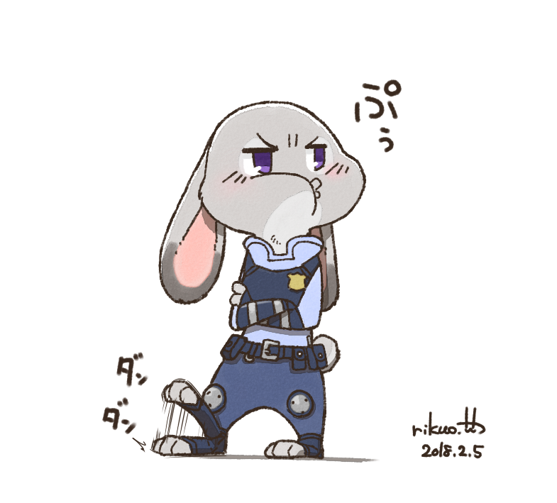 ambiguous_gender anthro blush clothed clothing dipstick_ears ear_markings ears_down fur grey_body grey_fur multicolored_ears o3o pivoted_ears police police_uniform puffed_cheeks purple_eyes simple_background solo text uniform white_background rikuo_(artist) disney zootopia judy_hopps lagomorph leporid mammal rabbit 2018 japanese_text signature