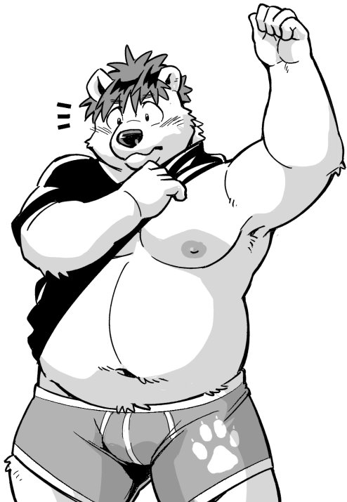 5_fingers anthro belly boxer_briefs bulge clothing dressing fingers footprint male mane moobs navel nipples overweight overweight_anthro overweight_male pawprint raised_arm solo underwear kumagaya_shin love_mechanic ena_(lm) hyena mammal spotted_hyena 2018 monochrome portrait three-quarter_portrait