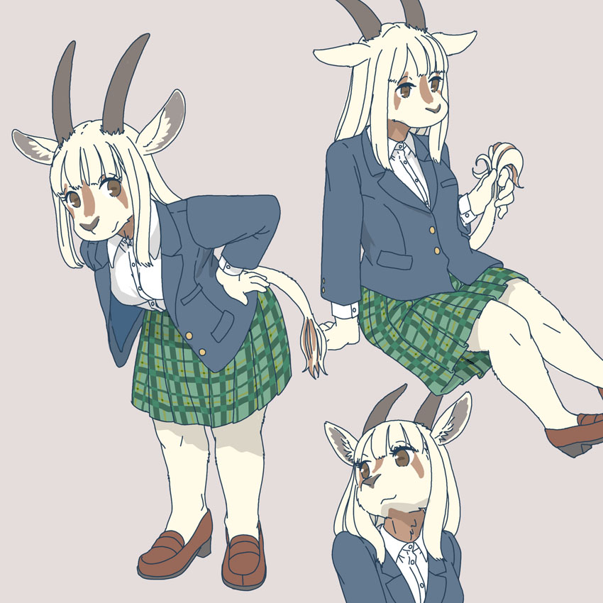 anthro clothed clothing female footwear horizontal_pupils horn kemono playing_with_tail pupils school_uniform shoes solo tail tail_tuft tuft uniform ekaki510 antelope arabian_oryx bovid grazing_antelope mammal oryx 1:1