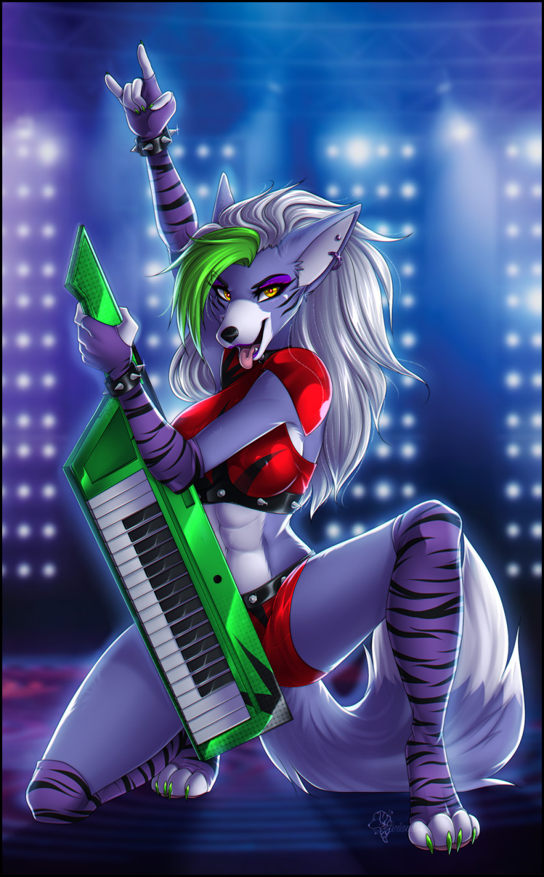 4_toes 5_fingers abs anthro barefoot breasts clothed clothing digitigrade ear_piercing ear_ring eyebrows eyelashes feet female fingers hair holding_keytar holding_musical_instrument holding_object keyboard_instrument keytar musical_instrument open_mouth piercing ring_piercing smile solo teeth toes tongue white_hair ariveil five_nights_at_freddy's five_nights_at_freddy's:_security_breach scottgames steel_wool_studios roxanne_wolf canid canine canis mammal wolf 2022 digital_media_(artwork) hi_res