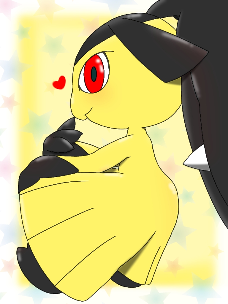 3_fingers ambiguous_gender black_hair blush extra_mouth fangs fingers hair heart_symbol not_furry red_eyes sharp_teeth simple_background solo star teeth yellow_body ritoning8810 nintendo pokemon generation_3_pokemon mammal mawile pokemon_(species) 2019 3:4