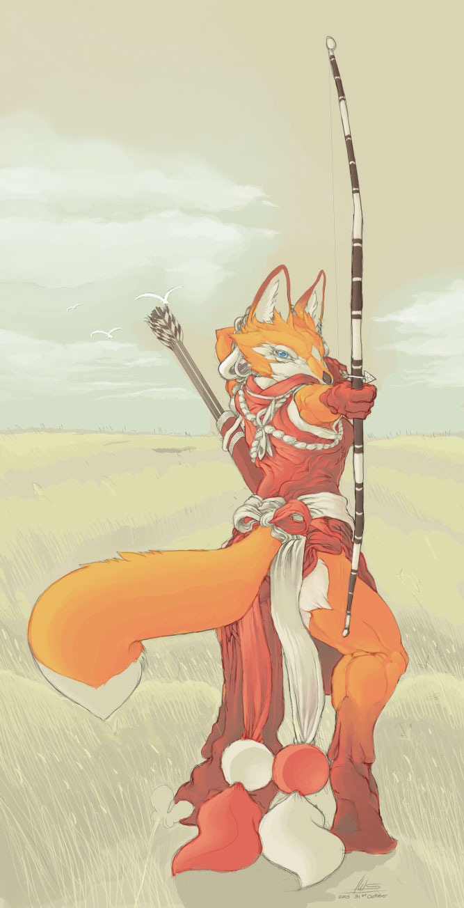 aiming anthro arrow_(weapon) biped bow_(weapon) cloud dipstick_tail field fur gloves_(marking) grass holding_object holding_weapon leg_markings long_bow looking_at_viewer markings multicolored_tail muscular_legs orange_body orange_fur outside plant quiver_(object) ranged_weapon simple_background sky socks_(marking) solo standing tail tail_markings two_tone_tail weapon white_body white_fur pira avian bird canid canine fox mammal hi_res