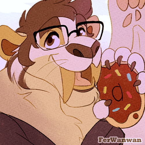 anthro brown_eyes brown_hair claws clothed clothing dessert doughnut eyewear fangs fluffy food glasses hair holding_doughnut male open_mouth open_smile pastry pawpads paws sabertooth_(anatomy) smile solo sprinkles teeth whiskers ferwanwan javier_(scraphead) felid mammal prehistoric_species saber-toothed_tiger 1:1 2023 icon low_res watermark