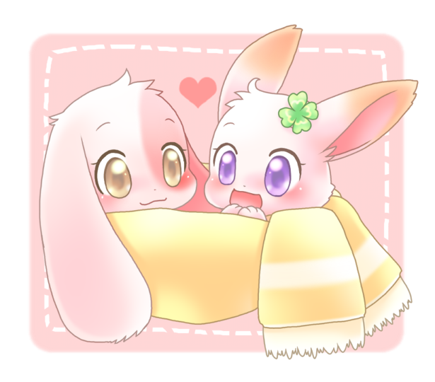 :3 anthro brown_eyes chest_tuft clover_(plant) duo eyebrows eyelashes female fur heart_symbol japanese long_ears open_mouth orange_body orange_fur pink_body pink_fur plant purple_eyes scarf shamrock sharing_clothing sharing_scarf short_fur tuft white_body white_fur tosaka happy_happy_clover pixiv sayuri_tatsuyama clover_(happy_happy_clover) mallow_(happy_happy_clover) domestic_rabbit lagomorph leporid lop_rabbit mammal oryctolagus rabbit