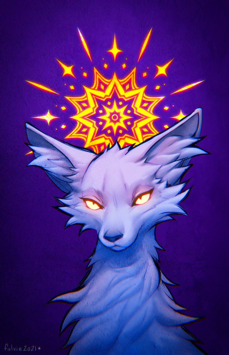 ambiguous_gender cheek_tuft facial_tuft feral fluffy fur glowing glowing_eyes halo inner_ear_fluff light mandala purple_background simple_background solo tuft white_body white_fur falvie canid canine fox mammal 2021 color_contrast digital_media_(artwork) hi_res lighting shaded signature