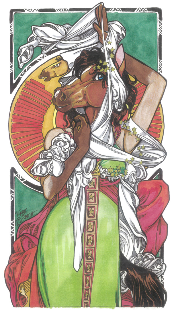 anthro arm_over_head art_nouveau blue_eyes brown_body brown_hair clothed clothing dress female fully_clothed hair solo star_symbol white_body terrie_smith despoina deity equid equine horse mammal 2006