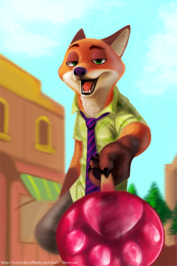 anthro claws food fur holding_food holding_object holding_popsicle inner_ear_fluff looking_at_viewer male offering_food offering_to_viewer outside pawpads pawpsicle popsicle smile solo tuft 7theaven disney zootopia nick_wilde canid canine fox mammal red_fox true_fox 2016 2:3 digital_media_(artwork)