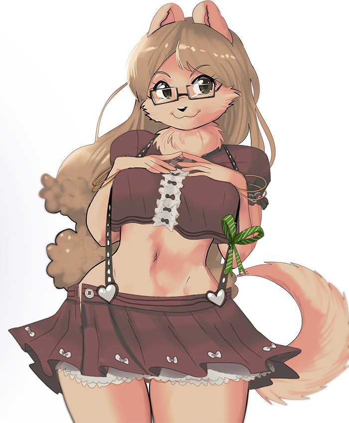 anthro bottomwear breasts clothed clothing eyewear female fur glasses hair hand_on_breast long_hair looking_at_viewer simple_background skirt smile solo topwear nendoggo nen canid canine canis domestic_dog mammal pomeranian spitz