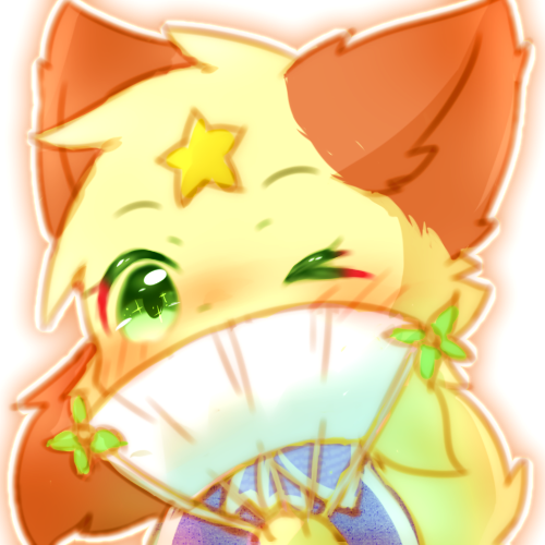 anthro female fur green_eyes holding_object kemono one_eye_closed solo wink yellow_body yellow_fur deaic yuexiaoxin_(deaic) canid canine fox mammal 1:1 icon low_res