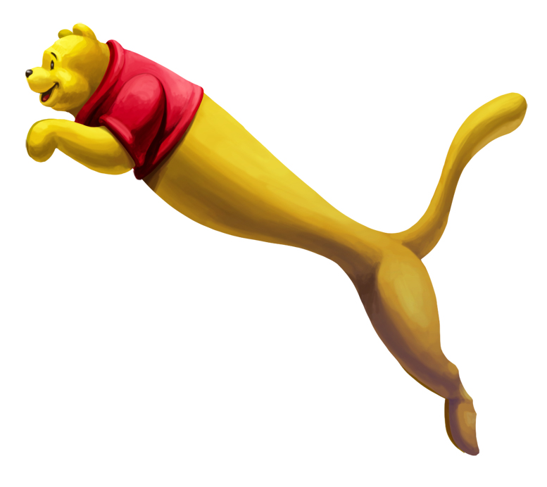 bottomless clothed clothing feral feralized red_clothing red_shirt red_topwear shirt simple_background solo topwear white_background yellow_body sakkan disney puma_(company) winnie_the_pooh_(franchise) pooh_bear bear cougar felid feline hybrid mammal 2013 digital_media_(artwork)