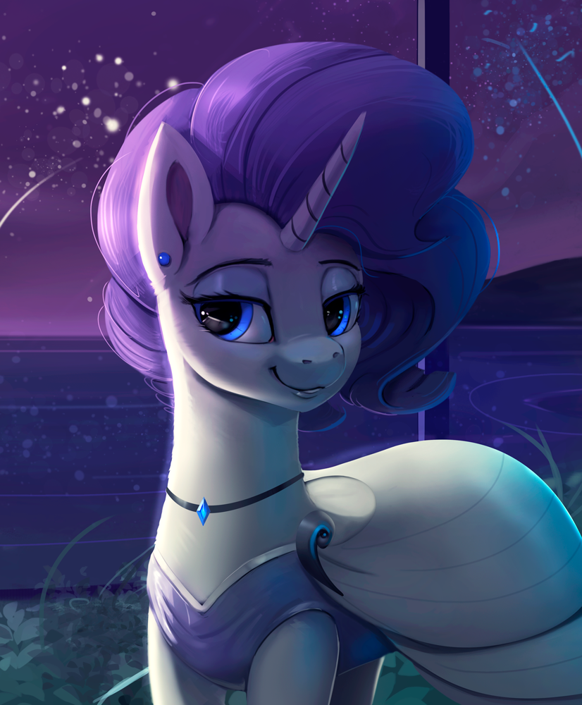 alternate_hairstyle blue_eyes clothed clothing detailed_background dress ear_piercing female feral hair half-closed_eyes horn looking_at_viewer narrowed_eyes night piercing purple_hair smile solo star rodrigues404 friendship_is_magic hasbro my_little_pony mythology rarity_(mlp) equid equine mammal mythological_creature mythological_equine unicorn 2016