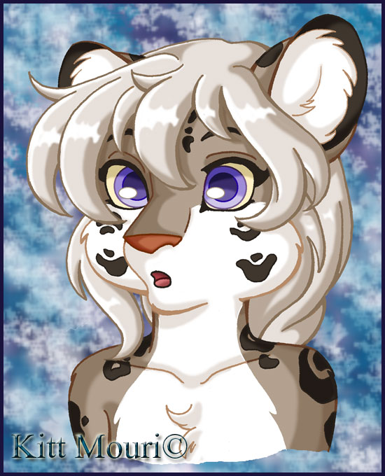 bangs blue_eyes chest_tuft female hair open_mouth solo tuft white_hair kittmouri felid mammal pantherine snow_leopard portrait