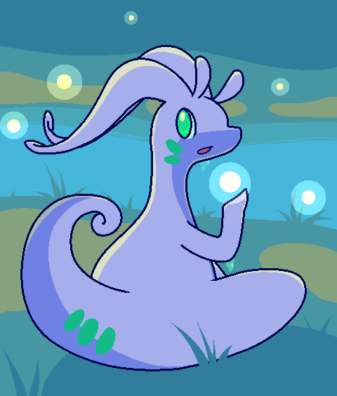 ambiguous_gender glowing grass green_eyes looking_at_viewer looking_back nude outside plant purple_body purple_skin raised_tail river sitting solo tail water hidden_mudkip mythology nintendo pokemon dragon generation_6_pokemon goodra mythological_creature mythological_scalie pokemon_(species) scalie aliasing cel_shading digital_media_(artwork) shaded