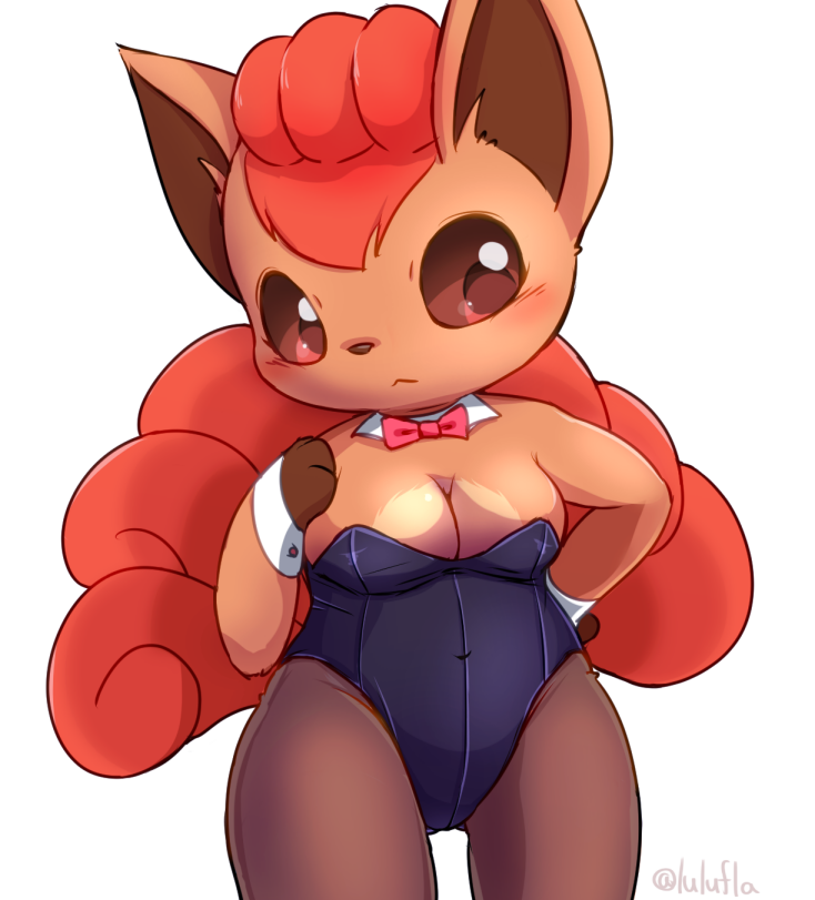 anthro anthrofied black_nose blush breasts brown_body brown_fur bunny_costume clothing costume female fur legwear looking_at_viewer multi_tail navel necktie pantyhose playboy_bunny pokemorph simple_background solo standing tail mei_(artist) nintendo playboy pokemon generation_1_pokemon pokemon_(species) vulpix 2019