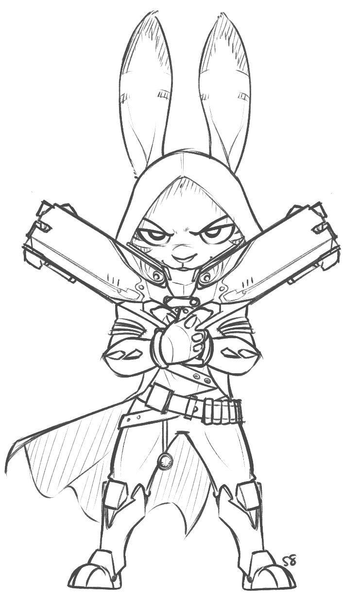 anthro clothed clothing coat cosplay gun handgun holding_gun holding_object holding_ranged_weapon holding_weapon hood looking_at_viewer male pistol ranged_weapon simple_background solo topwear weapon alec8ter conditional_dnp blizzard_entertainment disney overwatch zootopia jack_savage reaper_(overwatch) lagomorph leporid mammal rabbit 2016 black_and_white crossover hi_res monochrome signature