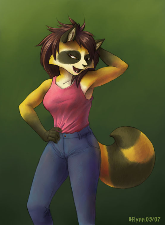 anthro bottomwear brown_hair clothed clothing denim denim_bottomwear denim_clothing female fully_clothed gradient_background green_background hair jeans open_mouth pants simple_background solo tail snoot_(artist) honey_(snoot) mammal procyonid raccoon 2007 portrait three-quarter_portrait