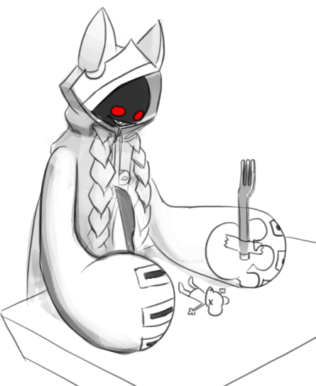 anthro braided_hair braided_pigtails cutlery duo female food fork glowing glowing_eyes hair humanoid_focus imminent_vore kitchen_utensils knife long_pigtails pigtails predator/prey shadow_face silly symbol-shaped_eyes tools unusual_eyes x_eyes catfistingparty_(artist) arc_system_works blazblue taokaka animal_humanoid cat_humanoid felid felid_humanoid feline feline_humanoid humanoid kaka_(blazblue) mammal mammal_humanoid mouse murid murine rodent