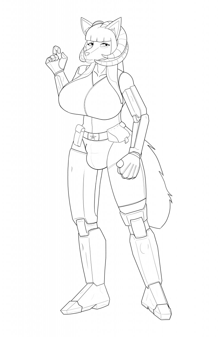 anthro big_breasts breasts bulge clothing cybernetic_arm cybernetic_limb cybernetics gynomorph horn intersex looking_at_viewer machine prosthetic prosthetic_arm prosthetic_limb robotic_leg robotic_legs robotic_parts russian skinsuit solo soviet_union tactical_belt tight_clothing wide_hips skunkworth canid canine canis cyborg mammal maned_wolf wolf hi_res line_art monochrome