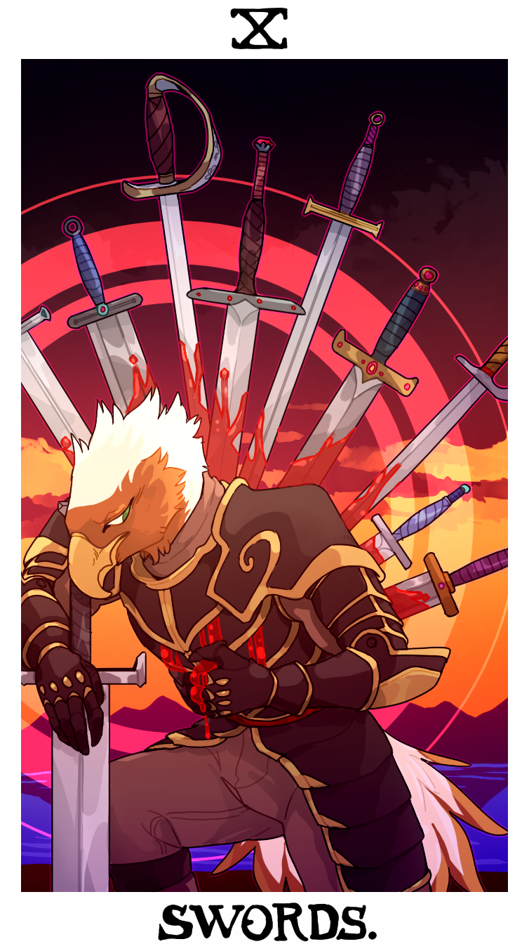 anthro armor beak blood blood_on_armor blood_on_weapon bodily_fluids border bottomwear brown_body brown_feathers brown_fur card card_template clothed clothing feathers fortune_telling fully_clothed fur green_eyes looking_aside melee_weapon minor_arcana pants plate_armor roman_numeral solo sword swords_(tarot) tarot tarot_card ten_of_swords_(tarot) text weapon white_body white_border white_feathers white_fur wounded corykatze mythology turz avian gryphon mythological_avian mythological_creature english_text hi_res