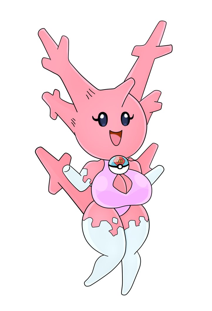 anthro big_breasts black_eyes breasts clothed clothing female happy pink_body pink_clothing pink_swimwear pokeball simple_background simple_eyes smile solo swimwear thick_thighs white_background urusee584 nintendo pokemon corsola generation_2_pokemon pokemon_(species)