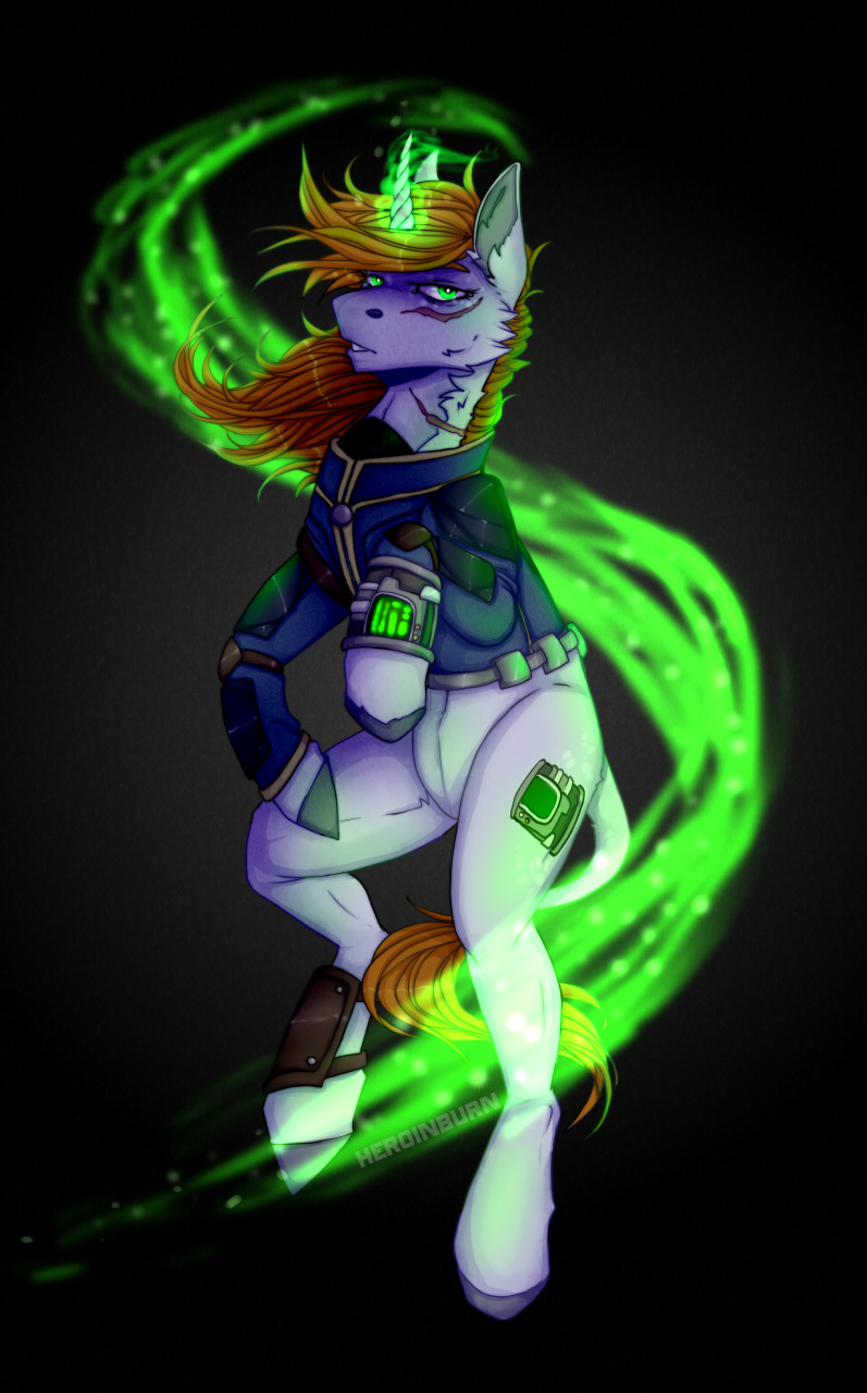 black_background clothing cutie_mark ears_up female feral glowing glowing_eyes horn magic pip-boy simple_background solo uniform wrist_computer heroin-burn fallout fallout_equestria hasbro microsoft my_little_pony mythology fan_character littlepip equid equine mammal mythological_creature mythological_equine unicorn hi_res