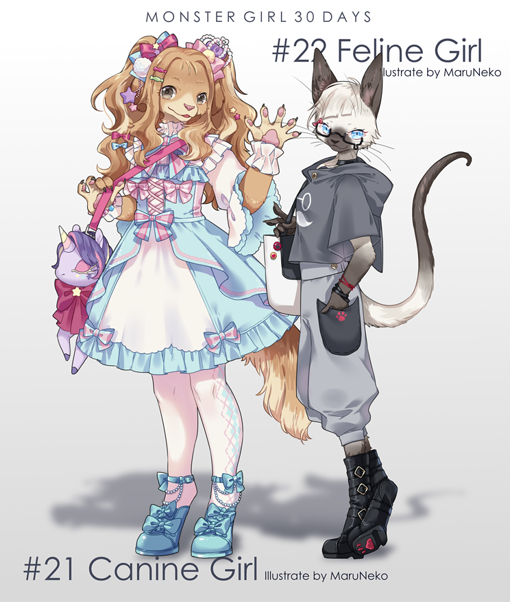 accessory alternative_fashion anthro bag_accessory biped boots bow_ribbon bow_shoes clothed clothing crown deco_lolita decora_(fashion) dress duo female footwear frilly frilly_clothing frilly_dress gesture hair_accessory hair_bow hair_ribbon hand_in_pocket headgear horn j-fashion kemono lolita_(fashion) pawpads pin_accessory pin_button pockets pom_(decoration) ribbons shoes shoulder_bag smile standing sweet_lolita tail text tote_bag waving waving_at_viewer maruneko mythology canid canine canis colorpoint domestic_cat domestic_dog equid equine felid feline felis mammal mythological_creature mythological_equine siamese unicorn english_text