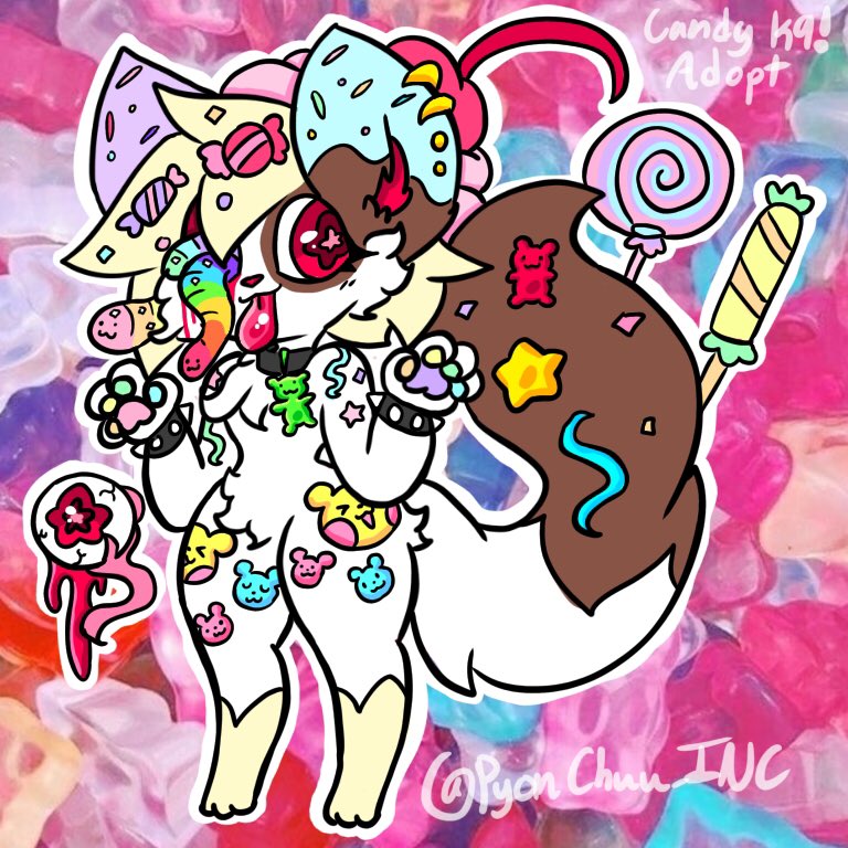 1_eye anthro blonde_hair blood bodily_fluids candy dessert food gummy_(food) gummy_bear_(food) gummy_worm hair low-angle_view male paws red_eyes solo star star_eyes tongue tongue_out white_body worm's-eye_view lewdchuu_(artist) mammal 1:1