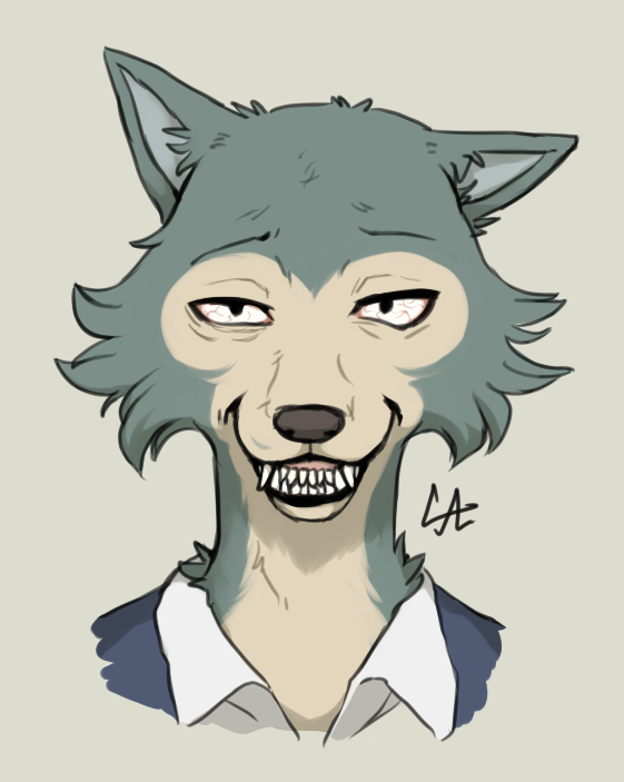 anthro bloodshot_eyes fangs fur grey_body grey_fur grin looking_at_viewer male showing_teeth smile smiling_at_viewer solo teeth veiny_eye wolframclaws beastars legoshi_(beastars) canid canine canis mammal wolf