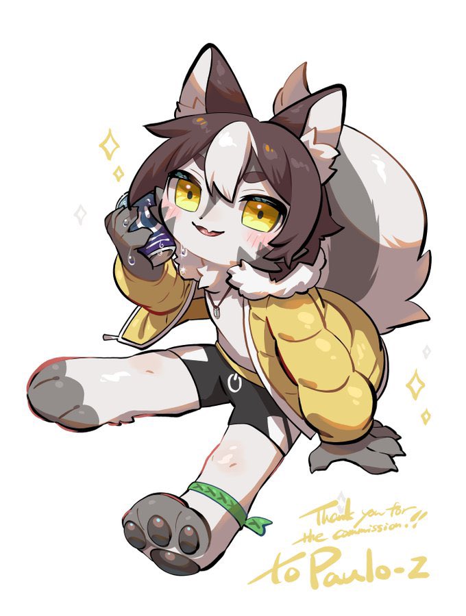 anklet anthro black_bottomwear black_clothing black_shorts blush bodily_fluids bottomwear brown_hair brown_pawpads can clothing container cute_fangs fangs feet fur fur_trim_(clothing) gloves_(marking) grey_body grey_fur hair holding_can holding_container holding_object inner_ear_fluff jacket jewelry kemono looking_at_viewer male markings multicolored_hair necklace pawpads shirtless shirtless_male shorts silver_(metal) silver_jewelry silver_necklace simple_background sitting solo sweat teeth text toeless_(marking) topwear tuft two_tone_hair white_body white_fur white_hair yellow_clothing yellow_eyes yellow_jacket_(clothing) yellow_topwear yumeminoideyu2 skeb paulo_(paulo_z) canid canine canis mammal wolf commissioner_name