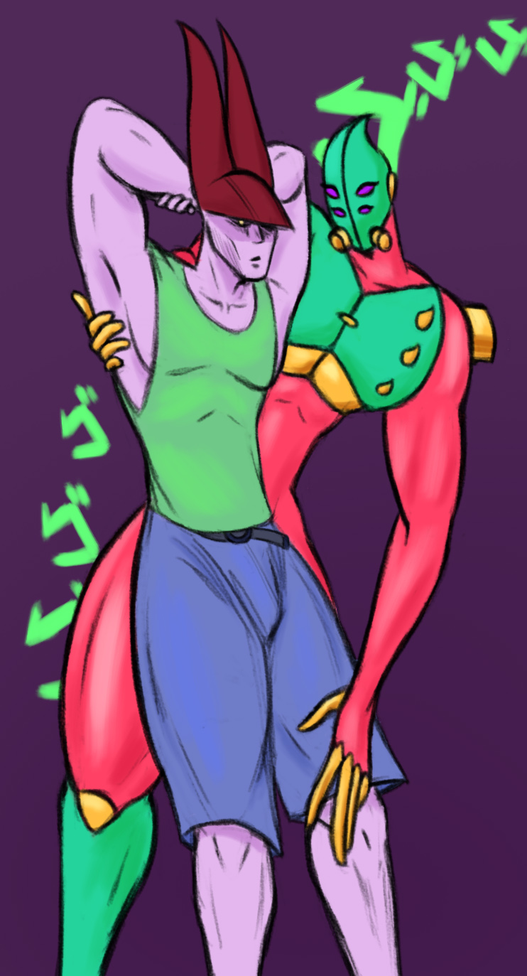 anthro bottomwear clothing duo female jojo_pose male pants purple_body red_body shirt text topwear jovi_cap jojo's_bizarre_adventure jovi_cap_(oc) lagomorph leporid mammal rabbit stand_(jjba) hi_res japanese_text