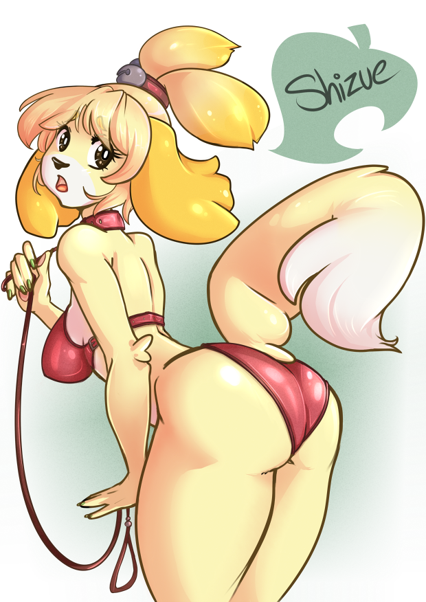 anthro bent_over big_breasts big_butt bikini breasts butt clothed clothing collar female fur hair holding_leash holding_object leash looking_at_viewer looking_back open_mouth rear_view solo standing swimwear thick_thighs tongue two-piece_swimsuit wide_hips yellow_body yellow_fur firekitty animal_crossing nintendo isabelle_(animal_crossing) canid canine canis domestic_dog mammal shih_tzu toy_dog