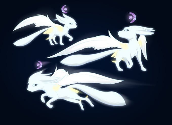 crystal feathered_wings feathers female feral fur glowing glowing_body hair jumping orb paws quadruped raised_paw solo spread_wings white_body white_eyes white_fur white_hair wings giru_(artist) lumi_(giru) canid canine fox hybrid mammal model_sheet source_request