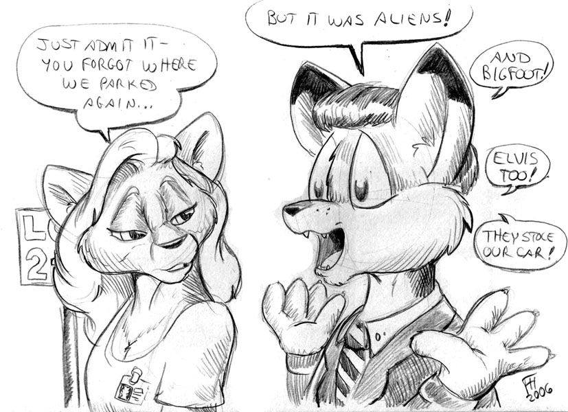 anthro breasts cleavage clothed clothing dialogue dipstick_ears duo ear_markings female fur hair male multicolored_ears necktie open_mouth text flinters the_x-files dana_scully fox_mulder canid canine canis mammal wolf 2006 english_text monochrome