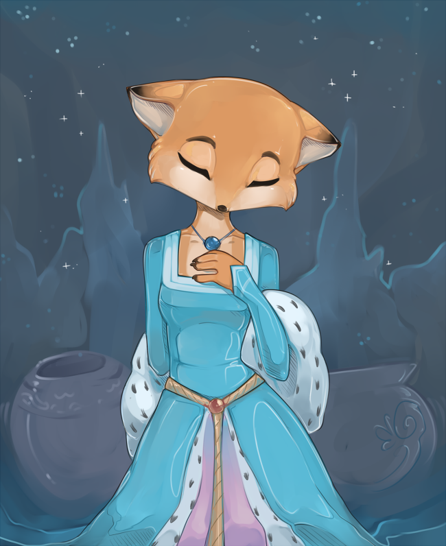 anthro biped blue_clothing blue_dress breasts clothing dipstick_ears dress ear_markings eyes_closed female fur hand_on_chest multicolored_ears orange_body orange_fur solo heimantahei ice_princess canid canine fox mammal red_fox true_fox 2016