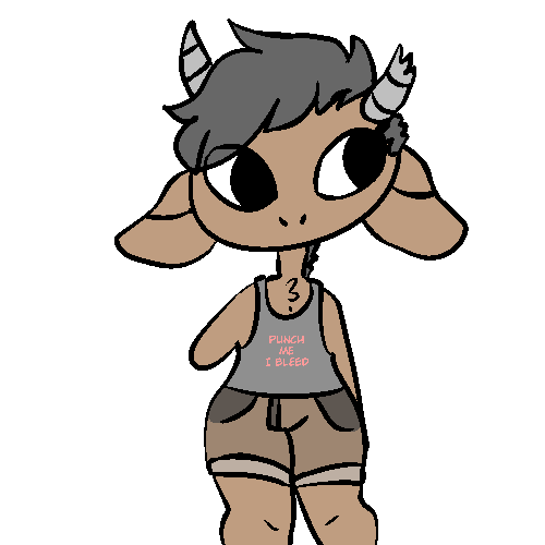 anthro biped bottomwear broken_horn brown_body brown_fur chest_tuft clothed clothing female fur grey_clothing grey_hair grey_horn grey_shirt grey_tank_top grey_topwear hair horn missing_arm shirt short_hair shorts simple_background solo standing tan_bottomwear tan_clothing tan_shorts tank_top text text_on_clothing text_on_shirt text_on_tank_top text_on_topwear topwear tuft white_background manitka manitka_storm bovid bovine cattle mammal 1:1 2019 digital_media_(artwork) low_res