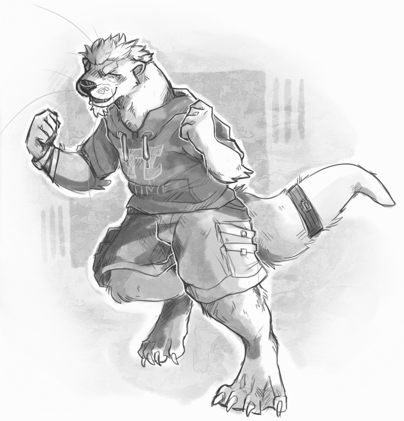 anthro belt bottomwear bracelet claws clothed clothing hair jacket jewelry looking_at_viewer male pi shorts solo tail topwear whiskers unknown_artist mammal mustelid otter greyscale monochrome