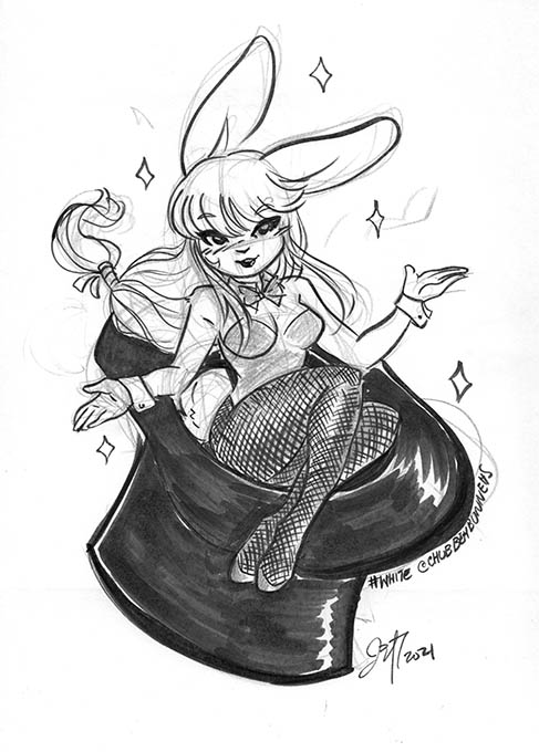 anthro blush breasts clothing female fur hair hat headgear headwear playboy_bunny solo top_hat j3t lagomorph leporid mammal rabbit 2021 monochrome