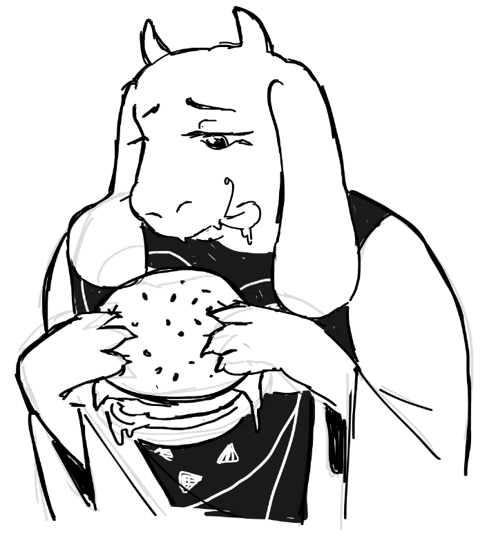 2_horns 4_fingers anthro bent_arm black_eyebrows bodily_fluids burger claws clothed clothed_anthro clothed_female clothing delta_rune_(emblem) eyebrows eyelashes female finger_claws fingers floppy_ears food fur holding_burger holding_food holding_object horn licking licking_lips licking_own_lips looking_at_food looking_at_object lop_ears robe saliva saliva_on_tongue simple_background solo symbol symbol_on_clothing tongue white_background white_body white_fur flockdog undertale undertale_(series) toriel boss_monster_(undertale) bovid caprine goat mammal 2024 digital_media_(artwork) guide_lines monochrome sketch