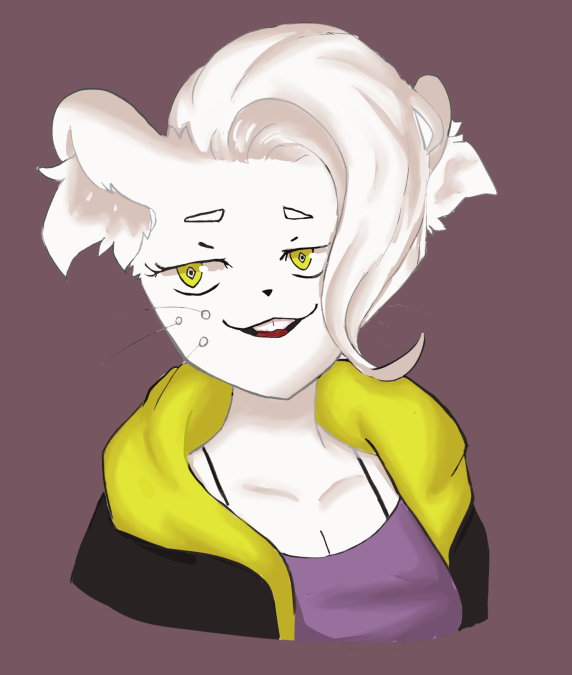 anthro clothed clothing female hair open_mouth simple_background smile solo whiskers white_body white_hair yellow_eyes anonymous_artist capslokked pollie_(capslokked) fancy_rat mammal mouse murid murine rat rodent