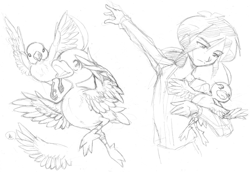 ahoge ambiguous_gender avian_feet ballet beak dancing duo feathered_wings feathers feral hair realistic_wings smile wings nyame8 princess_tutu ahiru_(princess_tutu) fakir_(princess_tutu) anatid anseriform avian bird duck human mammal monochrome