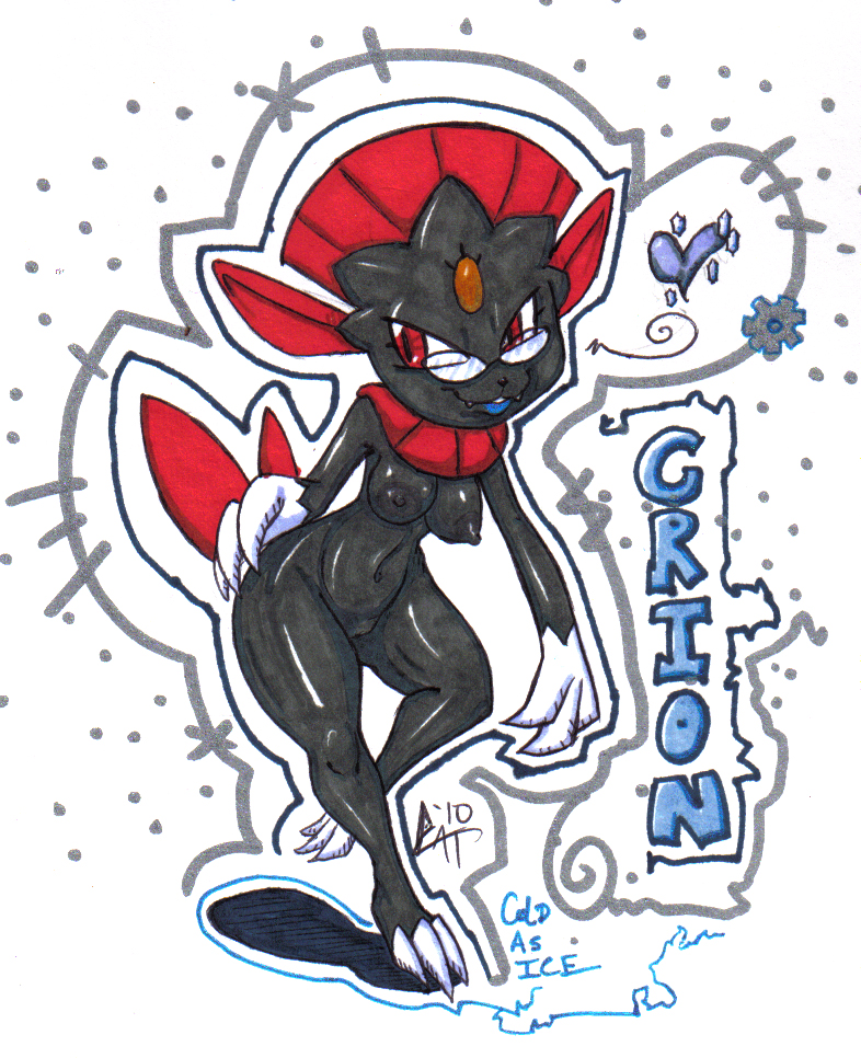 anthro black_nipples blue_lips breasts eyewear fangs female genitals glasses heart_symbol lips nipples pussy red_eyes simple_background solo teeth text thick_thighs wide_hips cautioncat nintendo pokemon generation_4_pokemon pokemon_(species) weavile english_text