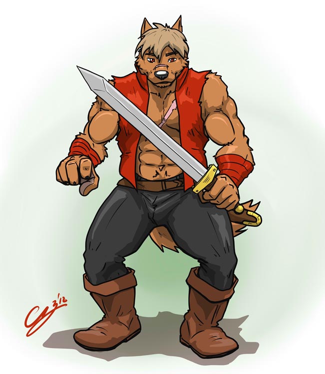 abs anthro athletic bandage belt biceps biped black_nose boots bottomwear brown_body brown_fur brown_hair claws clothed clothing footwear fur hair holding_melee_weapon holding_object holding_sword holding_weapon looking_at_viewer male melee_weapon muscular muscular_anthro open_clothing open_shirt open_topwear pants pecs pose red_eyes scar shirt shoes solo standing sword topwear torn_clothing vest weapon chestnuts_(artist) jaryl_(character) canid canine canis mammal wolf 2012