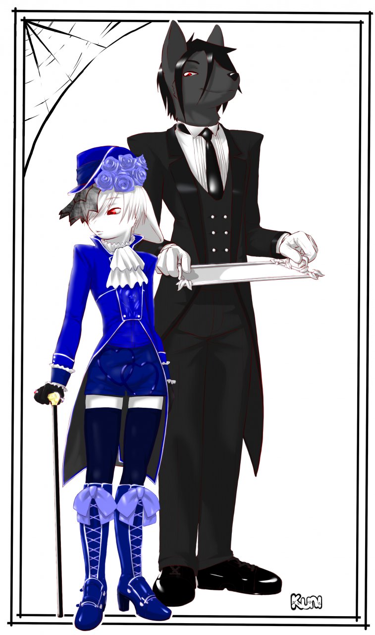 anthro butler cane classy clothing duo legwear male simple_background stockings white_background kuni canid canine canis lagomorph leporid mammal rabbit wolf hi_res