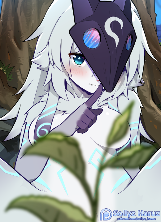 anthro blue_eyes blush breasts convenient_censorship female fur hair kemono looking_at_viewer mask outside plant shush solo tree white_body white_fur white_hair sollyz league_of_legends riot_games tencent kindred_(lol) lamb_(lol) bovid caprine mammal sheep 2023